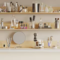 Elegant Perfumes And Cosmetics Display On Wooden Shelves With Bottles Brushes And Mirrors
