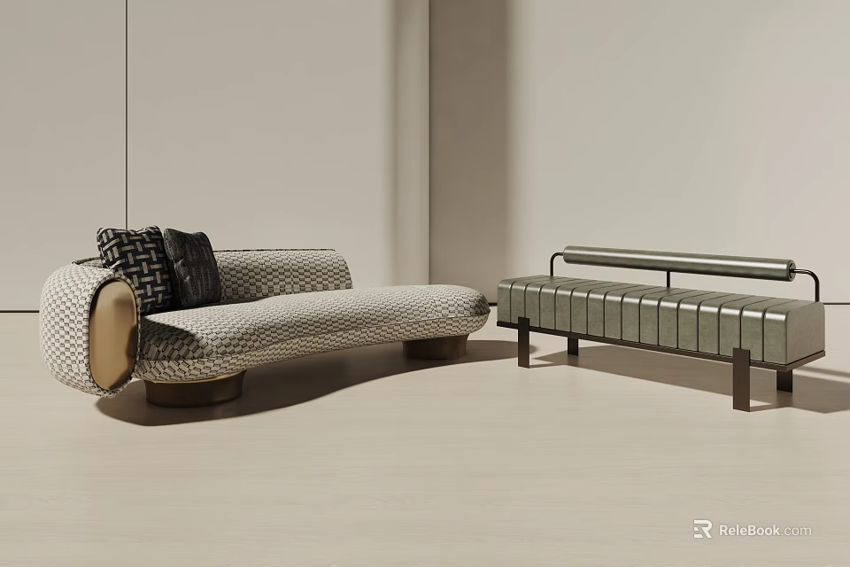 Curved Sofa Set With Geometric Pattern And Metallic Frame Matching Bench And Decorative Pillows 3d model 