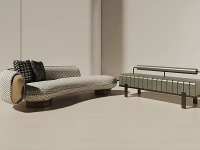Curved Sofa Set With Geometric Pattern And Metallic Frame Matching Bench And Decorative Pillows 3d model