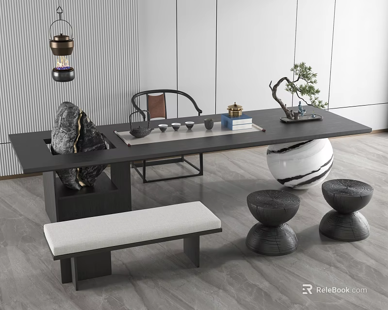 Modern Black Tea Table and Chairs with Tea Set Potted Plant Bench and Round Stools 3d model 