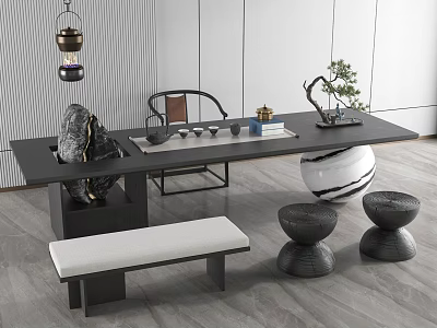 Modern Black Tea Table and Chairs with Tea Set Potted Plant Bench and Round Stools 3d model
