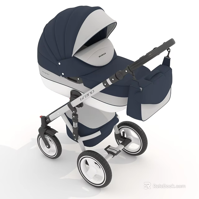 Modern Navy Blue Gray Baby Stroller With Canopy Storage Bag And Wheels 3d model 