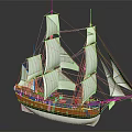Detailed Sailing Ship Model With White Sails Orange And Blue Hull Design