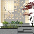 Golden Yellow Geometric Grid Design Feature Wall With Red Maple Tree Green Plants and Steps