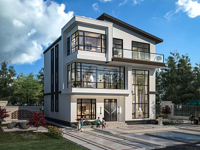 Modern Two Story Detached Villa With Large Windows Balcony And Green Surroundings 3d model