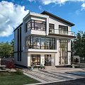 Modern Two Story Detached Villa With Large Windows Balcony And Green Surroundings
