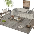 Cozy Sofa And Coffee Table Set With Potted Plant Chairs Blanket Pillows And Rug