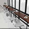 Elegant Bar Counter With Long Wooden Countertop White Chairs And Green Trees Outside Window