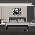 Modern Bedroom Interior With Black Leather Bed Abstract Art Nightstand And Window Blinds