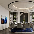 Elegant Modern Private Dining Room With Round Table Gray Chairs And Circular Ceiling Lighting 3d model