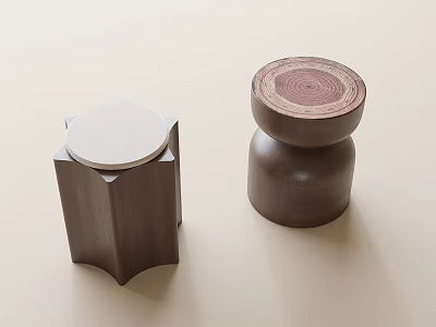 Modern Wooden Stools With Geometric And Cylindrical Shapes And Natural Wood Grain Tops 3d model