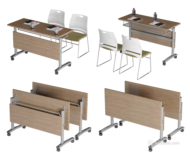 Mobile Wooden Conference Table With White Chairs And Office Supplies On Wheels 3d model 