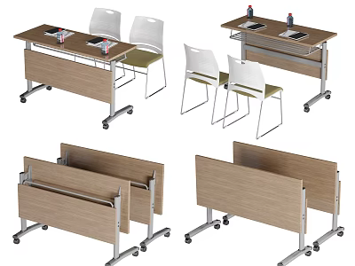 Mobile Wooden Conference Table With White Chairs And Office Supplies On Wheels 3d model