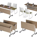 Mobile Wooden Conference Table With White Chairs And Office Supplies On Wheels