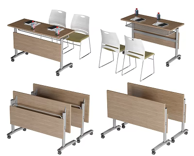 Mobile Wooden Conference Table With White Chairs And Office Supplies On Wheels 3d model
