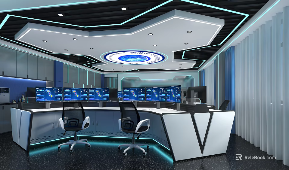 Modern Control Room With Multiple Screens Control Desk And Lighting Design 3d model 