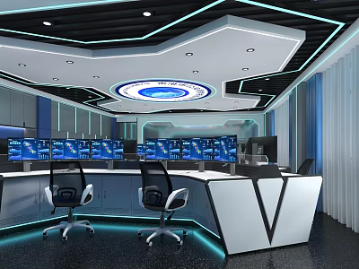 Modern Control Room With Multiple Screens Control Desk And Lighting Design 3d model