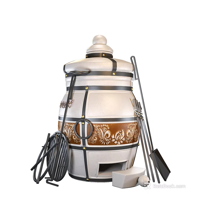 Vintage White Ceramic Kitchen Stove With Black Straps Decorative Patterns And Shovel Tools 3d model 