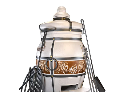 Vintage White Ceramic Kitchen Stove With Black Straps Decorative Patterns And Shovel Tools 3d model