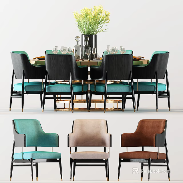 Modern Dining Table Set With Teal Beige Brown Chairs And Brass Base 3d model 