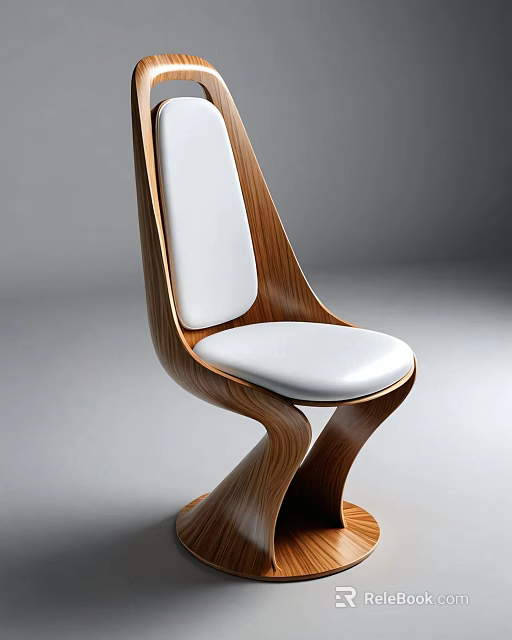 Elegant Modern Single Chair With Wooden Curved Frame And White Cushioned Seat Backrest 3d model 