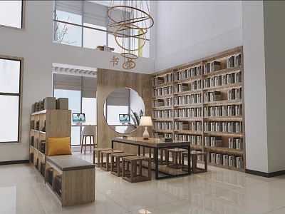 Book Art Inspired Library Interior With Tall Bookshelves Wooden Tables And Chairs 3d model