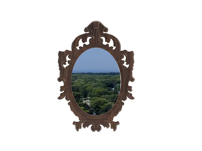 Ornate Wooden Oval Mirror Reflecting Green Trees And Blue Sky View 3d model