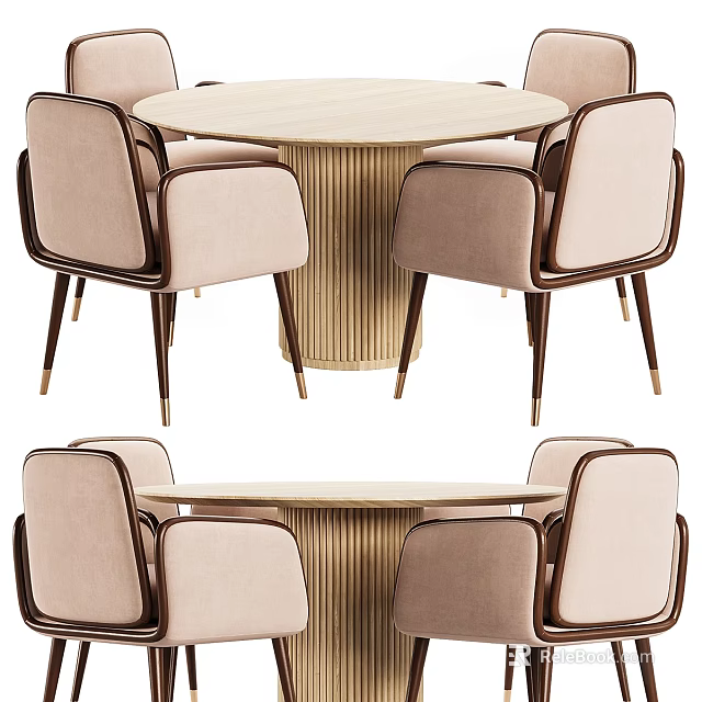 Elegant Modern Round Dining Table Set With Beige Padded Chairs And Wooden Frames 3d model 