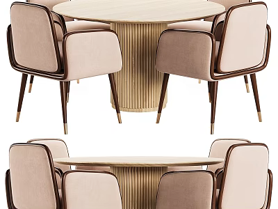 Elegant Modern Round Dining Table Set With Beige Padded Chairs And Wooden Frames 3d model