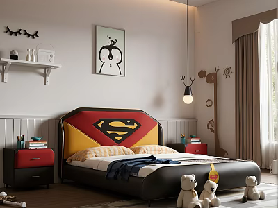 Kids Bedroom Superman Logo Headboard Bed With Red Yellow Black Design And Cartoon Wall Art 3d model