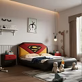 Kids Bedroom Superman Logo Headboard Bed With Red Yellow Black Design And Cartoon Wall Art