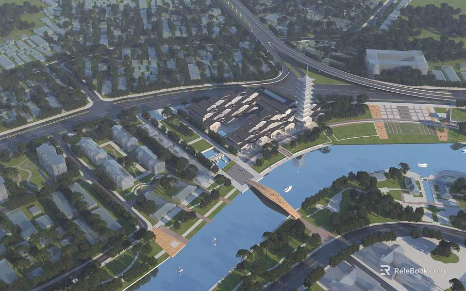 Bird's Eye View Urban Planning With River Bridge Roads Green Spaces And Cultural Tower 3d model 