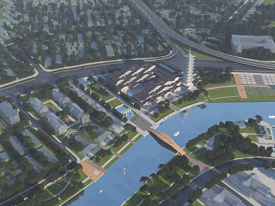 Bird's Eye View Urban Planning With River Bridge Roads Green Spaces And Cultural Tower 3d model