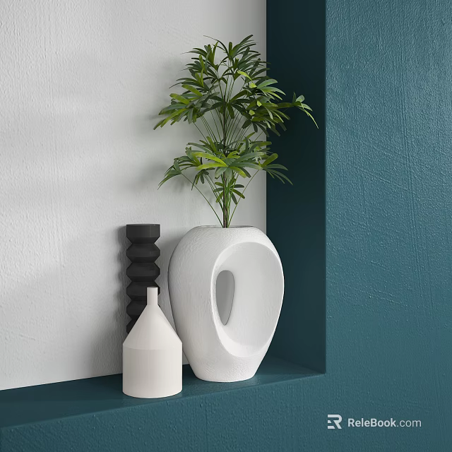 White Modern Vase With Green Plant And Decorative Vases On Teal Wall Shelf 3d model 