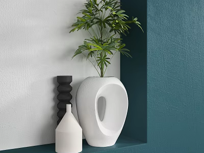 White Modern Vase With Green Plant And Decorative Vases On Teal Wall Shelf 3d model