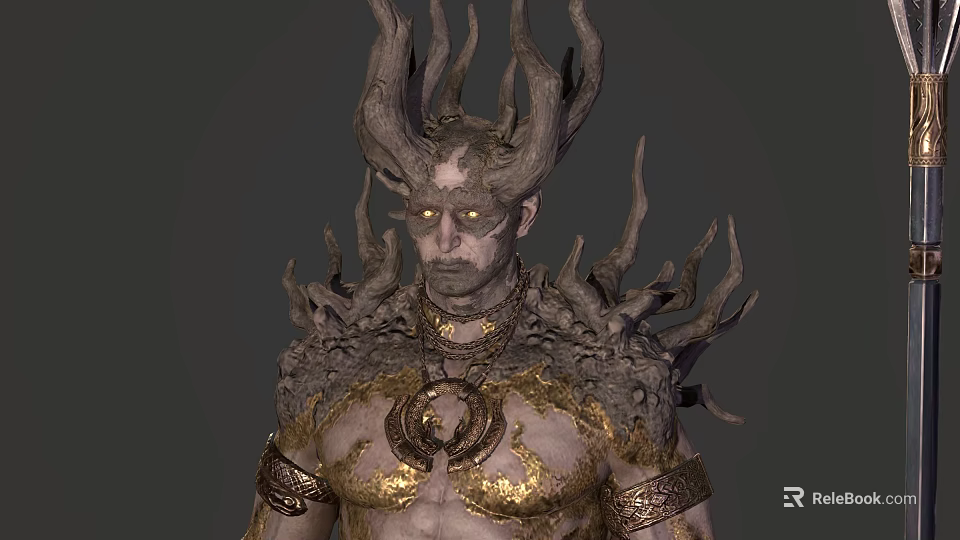 Mythical Game Movie Character With Horned Crown Glowing Eyes Golden Ornaments And Rooted Shoulders 3d model 
