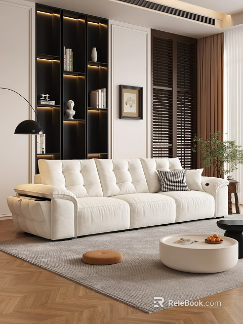 Modern Cozy Living Room Tufted White Sofa And Round Coffee Table Set 3d model 