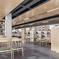 Book Art Inspired Interior With Wooden Ceiling Bookshelves Long Table White Chairs And Large Windows