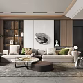Modern Living And Dining Room With Beige Sofa Round Mirror Green Plants And Dining Table