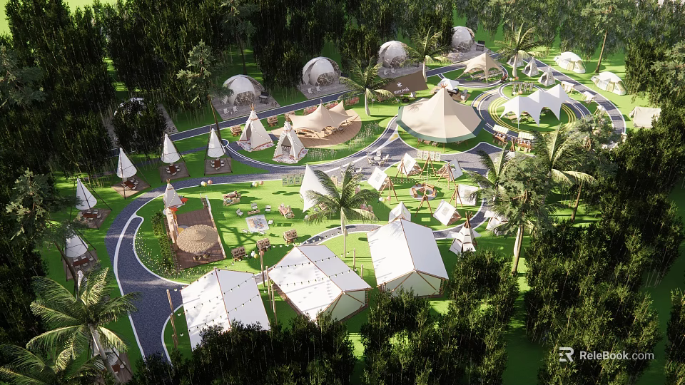 Scenic Photo Check in Spot With Tents Domes And Lush Greenery In Natural Setting 3d model 