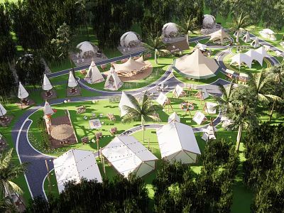 Scenic Photo Check in Spot With Tents Domes And Lush Greenery In Natural Setting 3d model