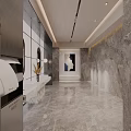 Luxury Modern Public Toilet Interior With Marble Walls Floors And Dual Sink Vanity