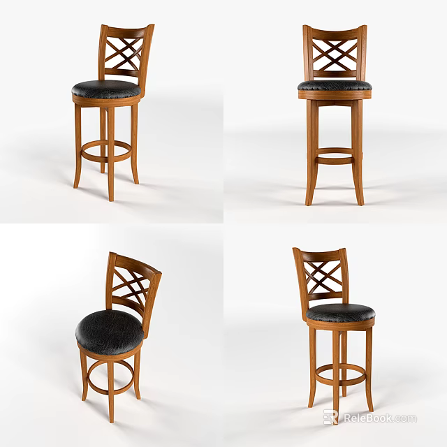 Wooden Bar Stools With Cross Back Design And Black Upholstered Seats 3d model 