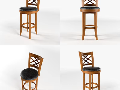 Wooden Bar Stools With Cross Back Design And Black Upholstered Seats 3d model