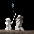 Traditional Ceramic Tea Set With Bamboo Hat Figurines On Wooden Table And Smoke