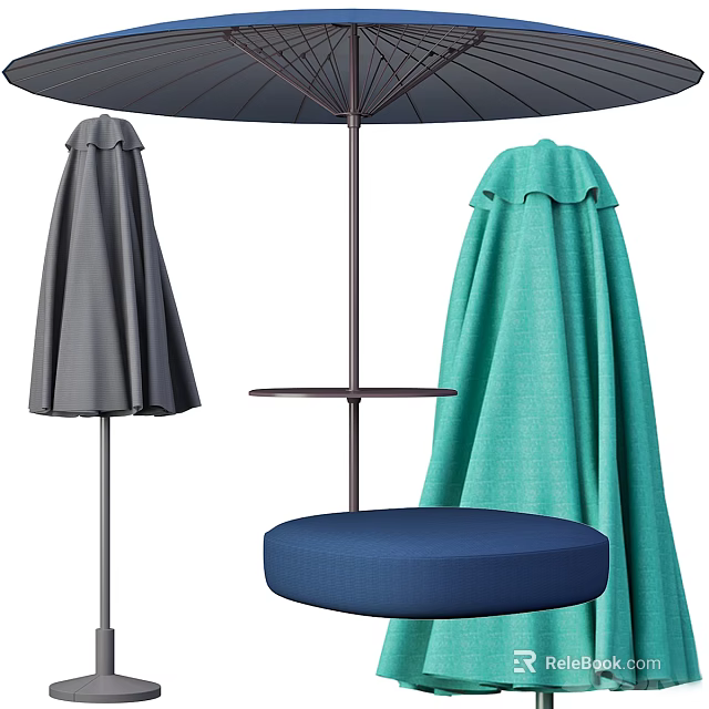 Outdoor Patio Umbrella With Teal Gray Canopy And Blue Round Seat 3d model 