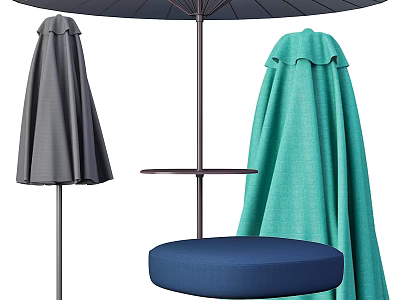 Outdoor Patio Umbrella With Teal Gray Canopy And Blue Round Seat 3d model