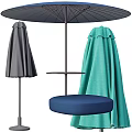 Outdoor Patio Umbrella With Teal Gray Canopy And Blue Round Seat