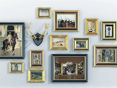 Gallery Wall With Various Framed Pictures And Deer Antler Decor 3d model