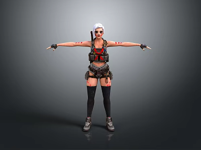 Woman With White Short Hair In Tactical Vest Red Black Outfit Standing Arms Outstretched 3d model